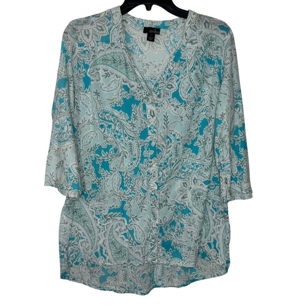 Erika Paisley Print Button Down 3/4 Sleeve Blouse Top Teal Blue Medium